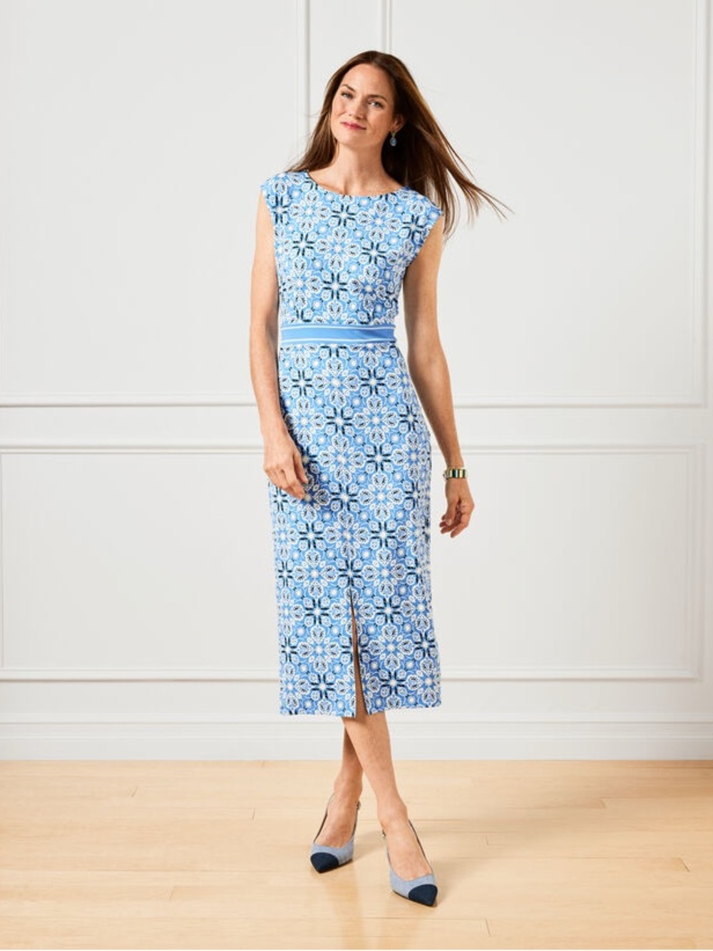 NWT Talbots Blue & White Effortless Jersey Midi Dress 16